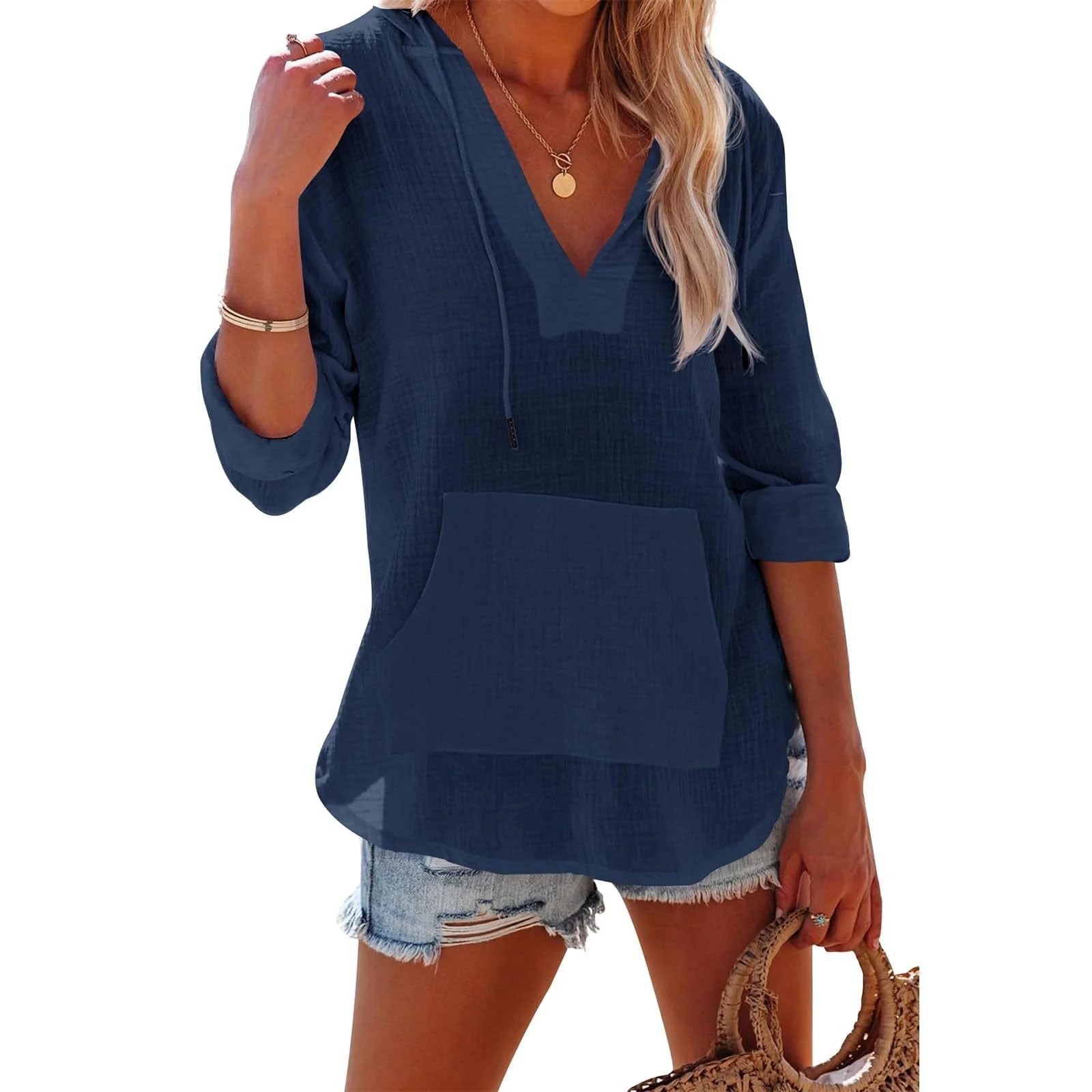 🔥LIMITED SALE 50% OFF!!🔥Women's Oversized Hooded Beach Cover Up - Long Sleeve V-Neck Pocket Shirt - Image 7