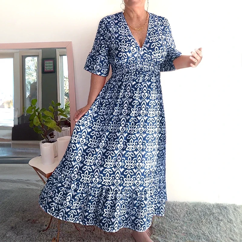 🔥LIMITED SALE: £16.99 & FREE SHIPPING!!🔥Bohemian casual print V-neck waist wrap long dress - Image 9