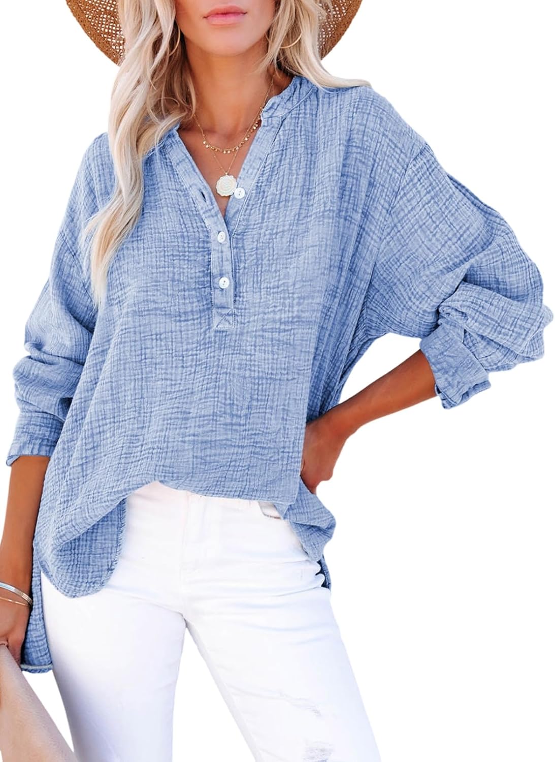 🍀Last Day Sale: ONLY £13.99!!🍀Womens Casual Gauze Button Neck Long Sleeve Oversized Blouses