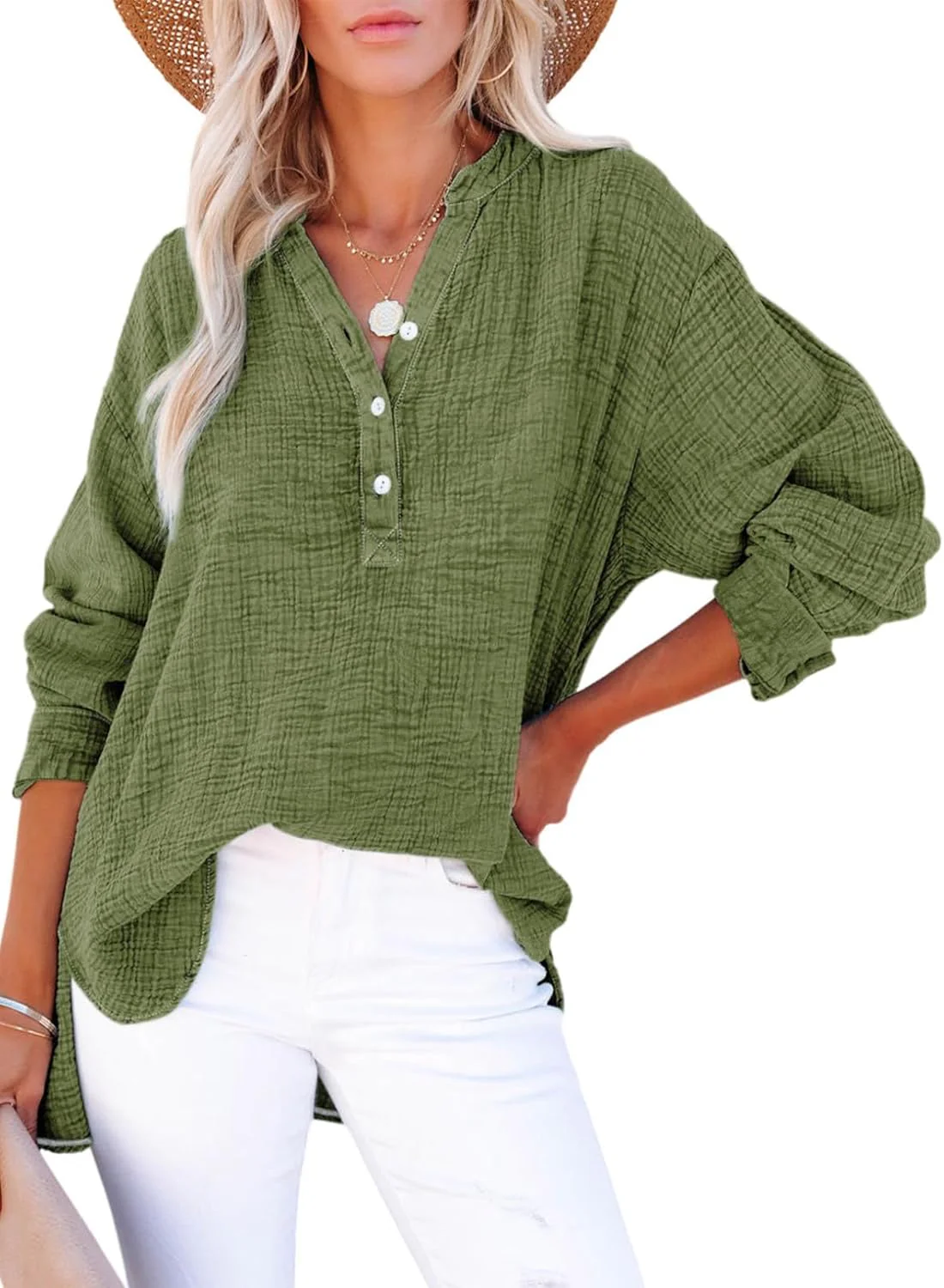 🍀Last Day Sale: ONLY £13.99!!🍀Womens Casual Gauze Button Neck Long Sleeve Oversized Blouses - Image 10
