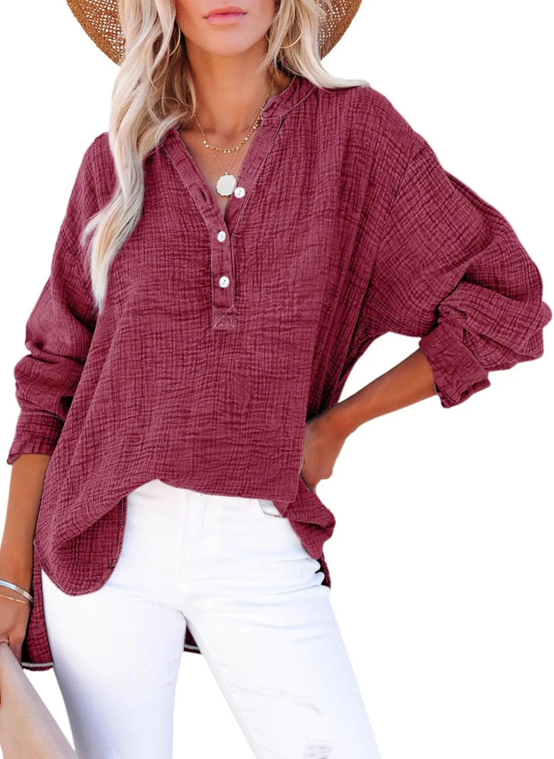 🍀Last Day Sale: ONLY £13.99!!🍀Womens Casual Gauze Button Neck Long Sleeve Oversized Blouses - Image 11