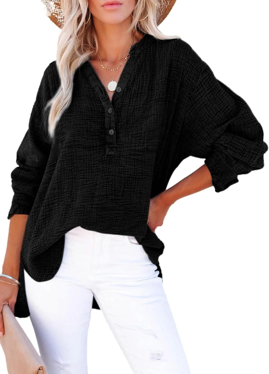 🍀Last Day Sale: ONLY £13.99!!🍀Womens Casual Gauze Button Neck Long Sleeve Oversized Blouses - Image 5
