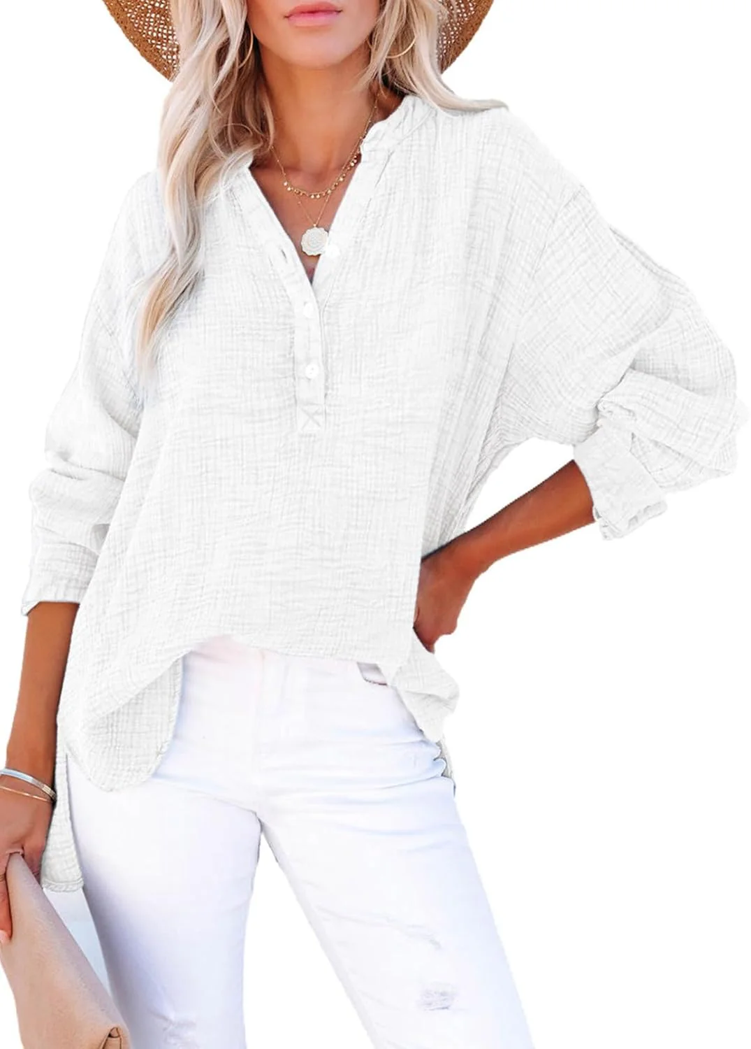 🍀Last Day Sale: ONLY £13.99!!🍀Womens Casual Gauze Button Neck Long Sleeve Oversized Blouses - Image 6