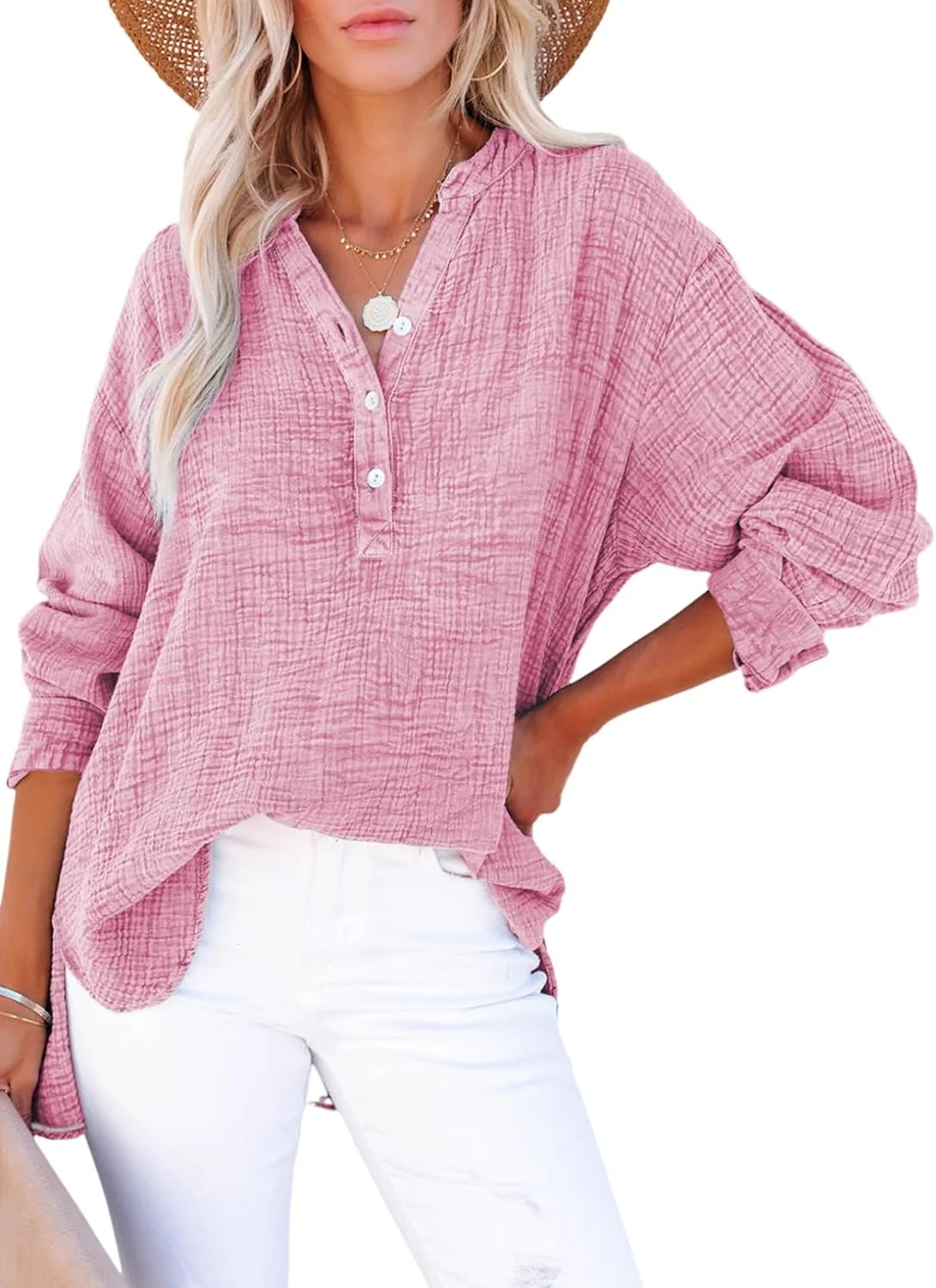 🍀Last Day Sale: ONLY £13.99!!🍀Womens Casual Gauze Button Neck Long Sleeve Oversized Blouses - Image 8