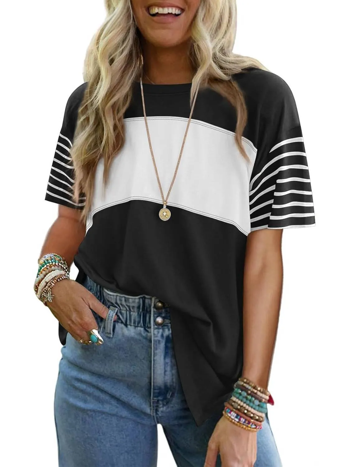 💕Limited Sale 50% OFF💕Women's Casual Round Neck Striped Color Clash Short Sleeve Top - Image 17