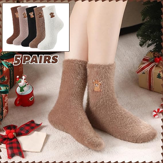 ⏳LAST DAY SALE 50% OFF!🔥Women's Cute Warm Highland Cow Embroidered Plush Socks - Image 5