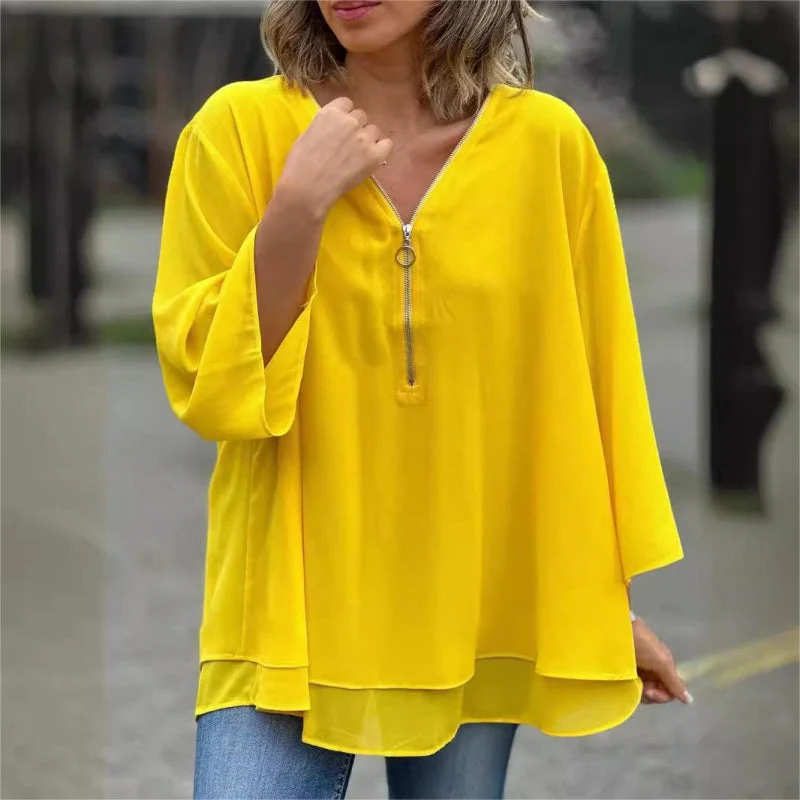 🔥Mother's Day Hot Sale 50%🔥Double-Layer V-neck Zipper 3/4 Sleeves Soft Tops - Image 8