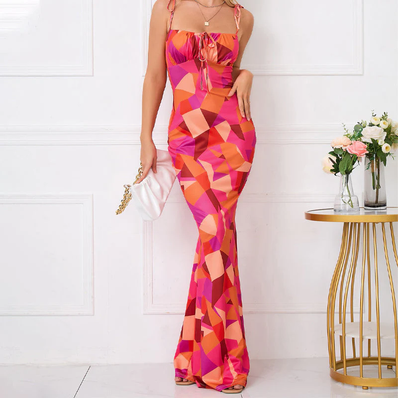 Fishtail Hem Floral Print Prom Dresses - Image 3