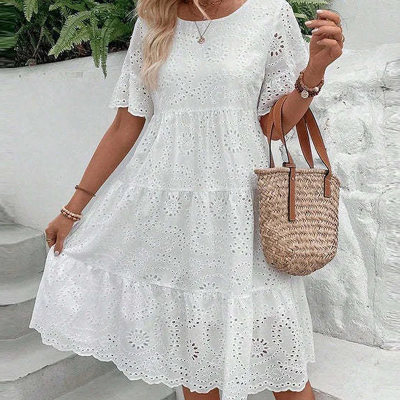 🔥Last Day Sale 50% OFF!!💖Women's Solid Round Neck Floral Cut-Out Dress