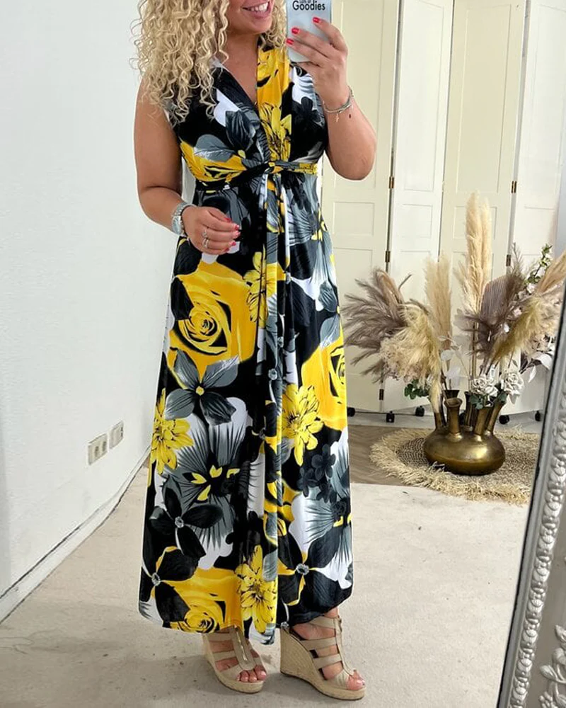 🔥New Hot Sales - 75% OFF😍Floral print sleeveless pleated elegant dress - Image 6