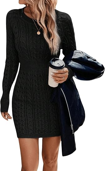 ⏰💃Last Day 50% OFF❄️🖤Women's Winter Plain Round Neck Cable Knit Bodycon Sweater Dress - Image 21