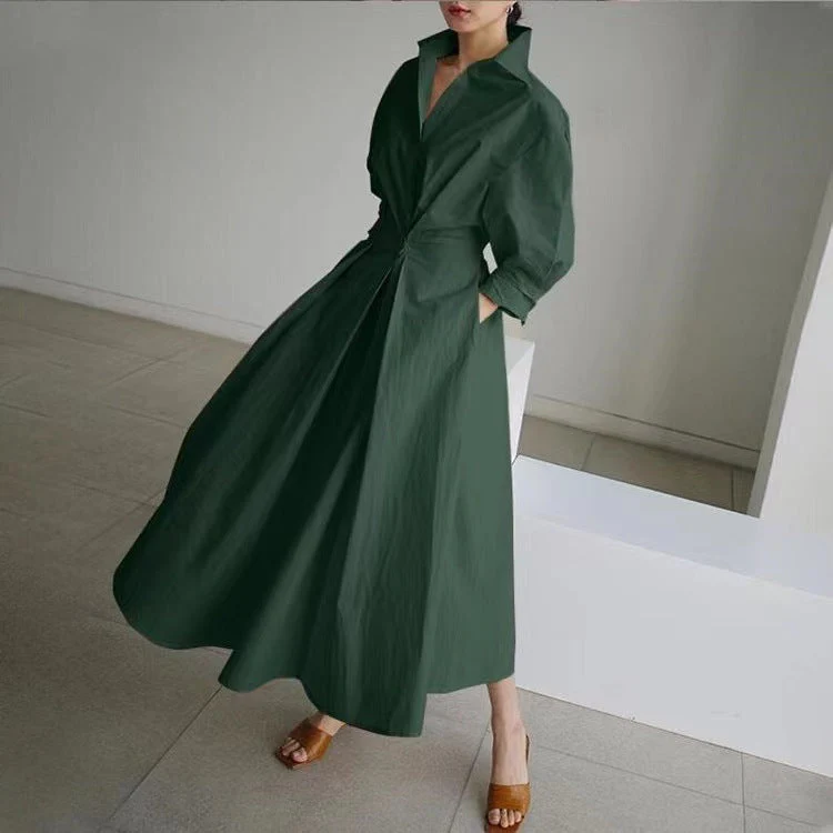 💥2025 New Hot Sale💕Women's Plain Cotton Lapel Shirt Wrap Dress - Image 4