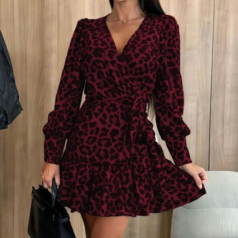 💖Limited Sale 49% OFF💖Leopard Print Wrap V-Neck Waist Tie Dress - Image 5