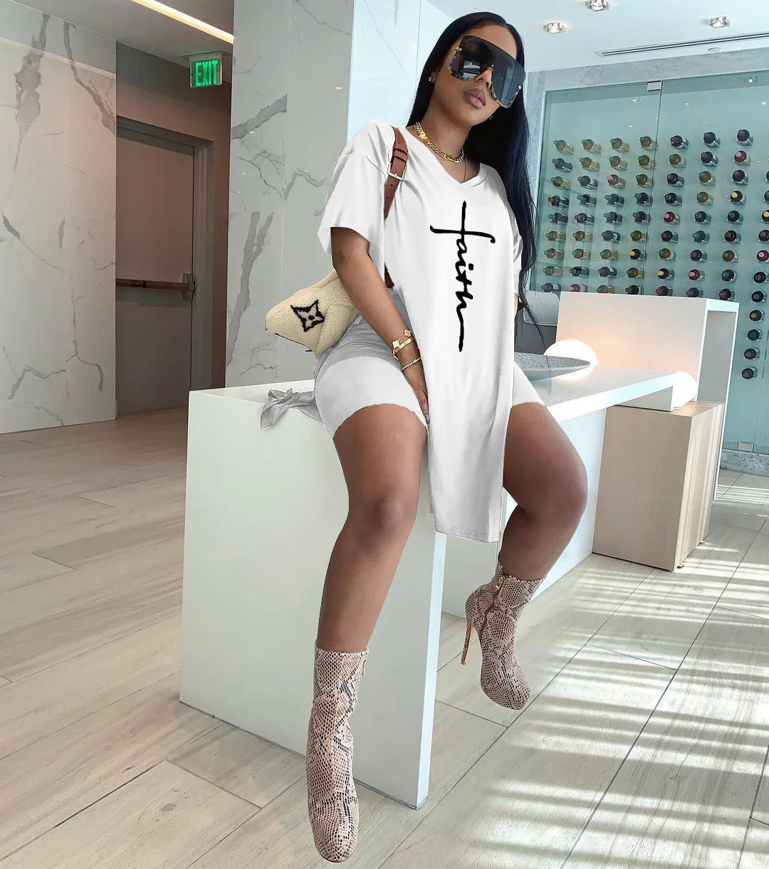 【Buy 2 Free Shipping】Letter Print Split Side V Neck T-Shirt & Shorts Two Piece Set - Image 20