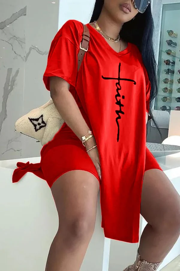 【Buy 2 Free Shipping】Letter Print Split Side V Neck T-Shirt & Shorts Two Piece Set - Image 9
