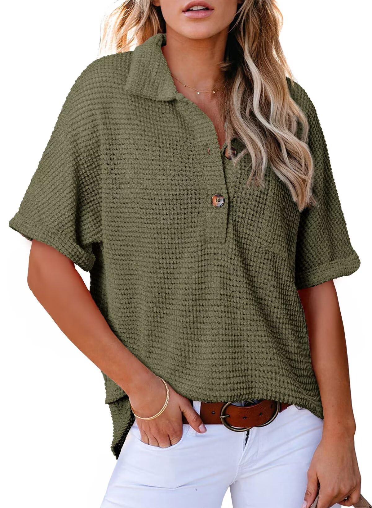 Limited time sale🔥Women's Waffle Knit Short Sleeve Tunic Henley Top(BUY 2 FREE SHIPPING) - Image 3