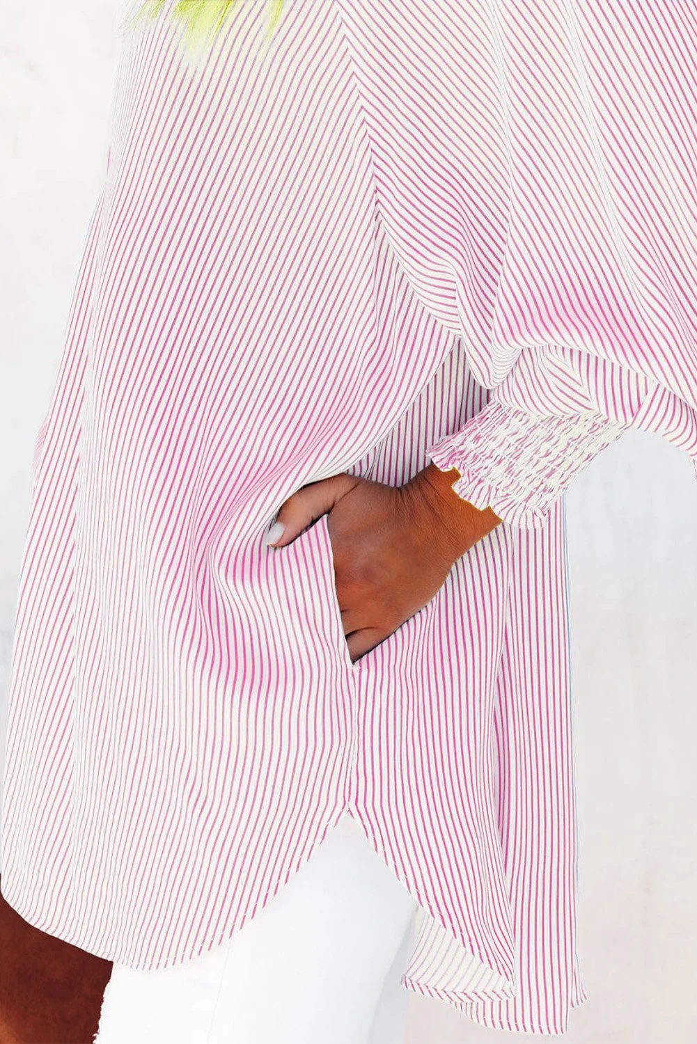 🔥LAST DAY SALE 49% OFF🏆️Mid-length smocked shirt with striped lapel and oversized drawdown sleeves - Image 14