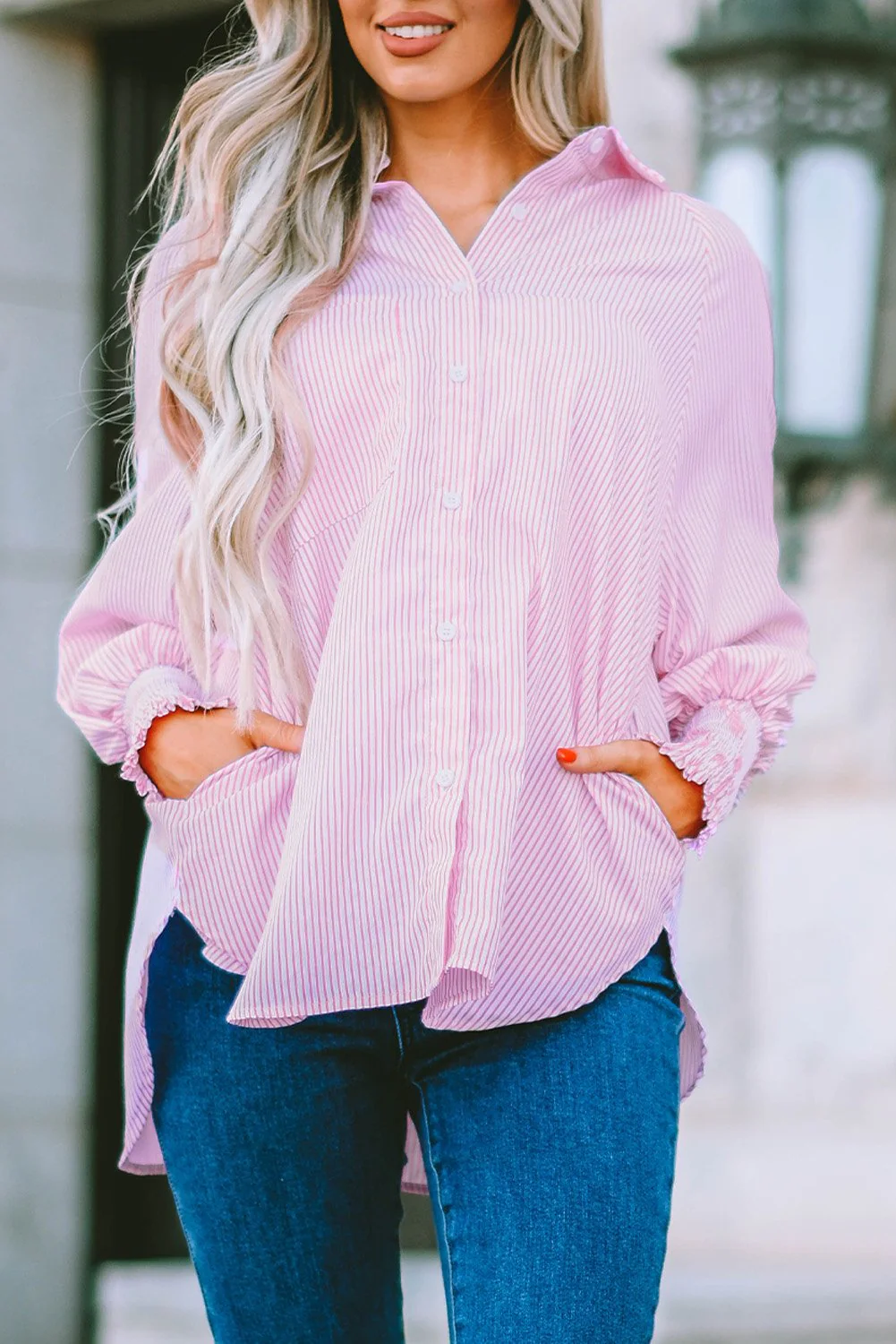 🔥LAST DAY SALE 49% OFF🏆️Mid-length smocked shirt with striped lapel and oversized drawdown sleeves - Image 16