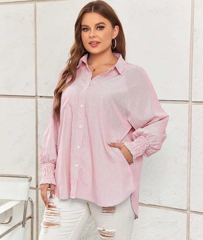🔥LAST DAY SALE 49% OFF🏆️Mid-length smocked shirt with striped lapel and oversized drawdown sleeves - Image 3