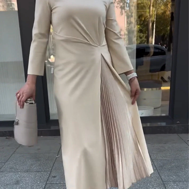 💌 Mother's Day limited sale 49% off🌈Round Neck Waist Ruched Hem Long Sleeve Dress - Image 3