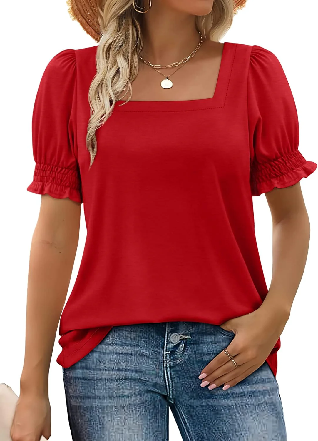 🔥Limited sale 50% Off🔥Women's Square Neck Smocked Sleeve T-Shirt Casual Top - Image 6