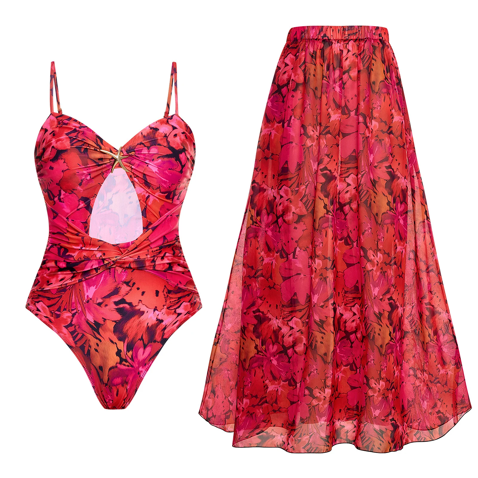 🔥Last Day Discount 49% Off🔥Starfish Decoration Print Hollow-out Flared Skirt Swimsuit Set - Image 2