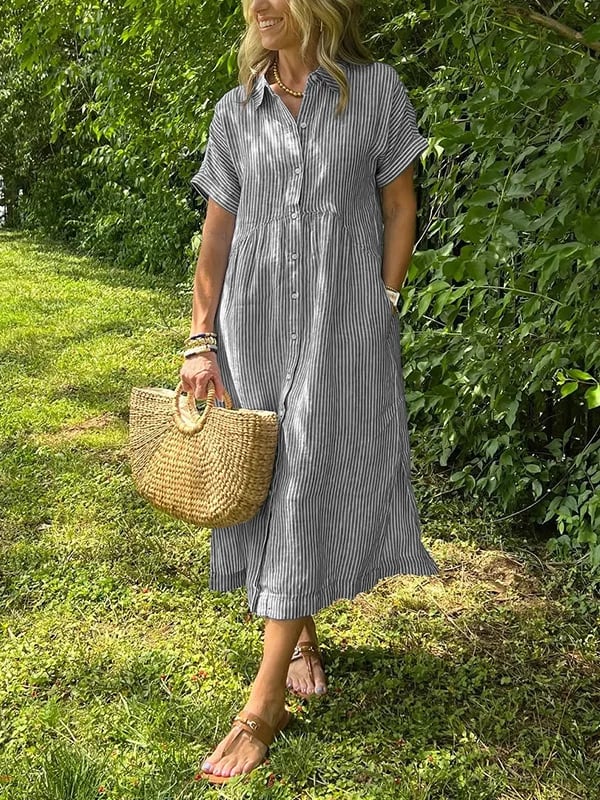 💖Mother’s Day Sale: 50% OFF!👗Striped Lapel Button Down Shirt Dress |👍With Functional Pockets - Image 2