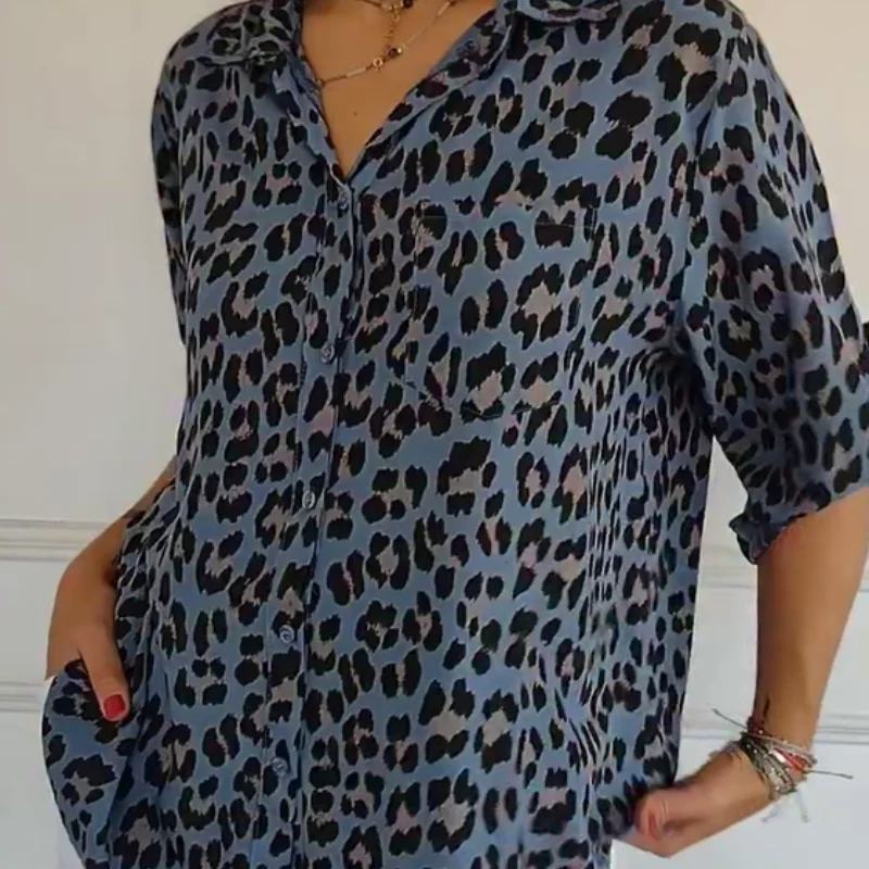 💋HOT SALE 49% OFF💋Stylish Lapel Adjustable Sleeve Leopard Print Shirt - Image 4