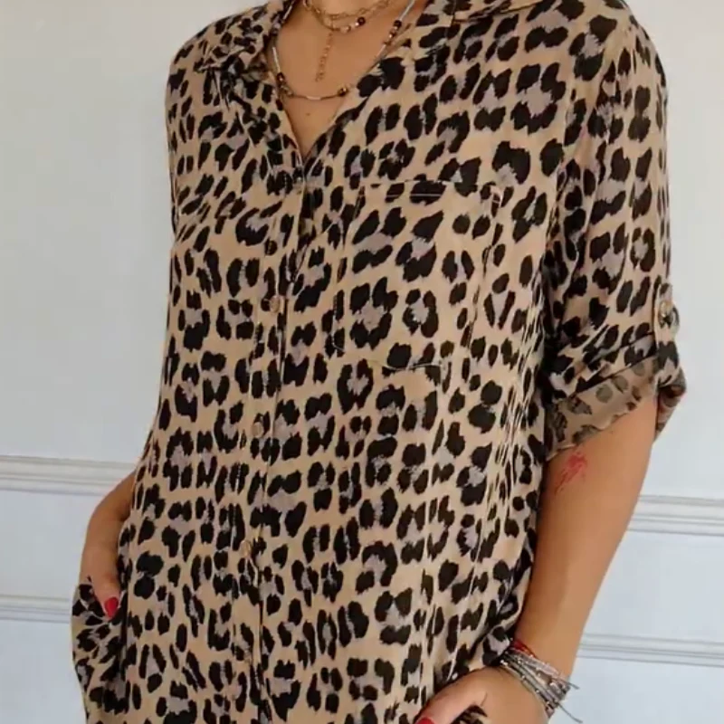 💋HOT SALE 49% OFF💋Stylish Lapel Adjustable Sleeve Leopard Print Shirt - Image 7