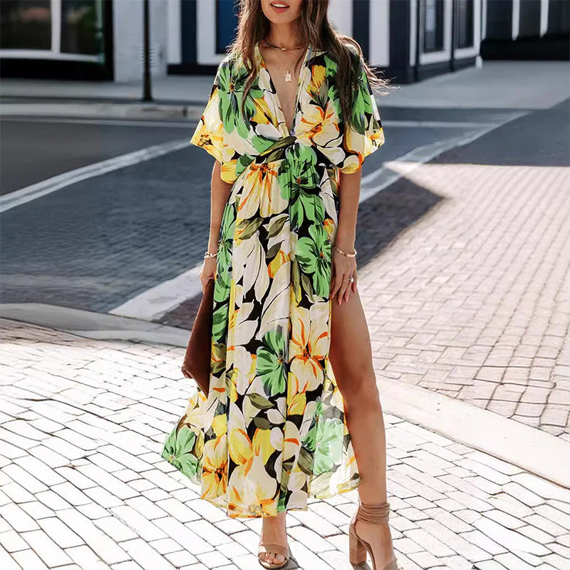 Summer Floral Printed Sexy Deep V-Neck High-Waist Split Dress for Women - Image 4
