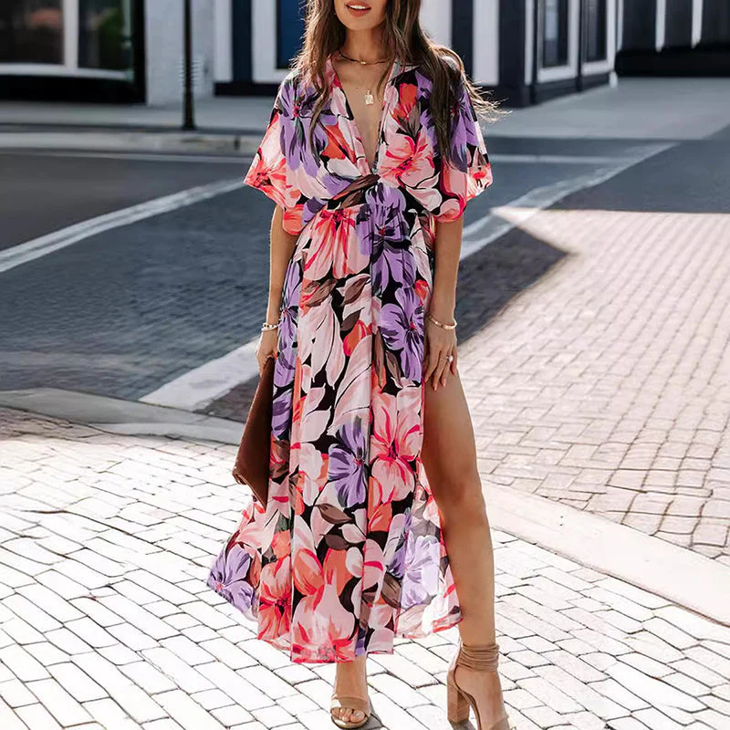 Summer Floral Printed Sexy Deep V-Neck High-Waist Split Dress for Women - Image 7