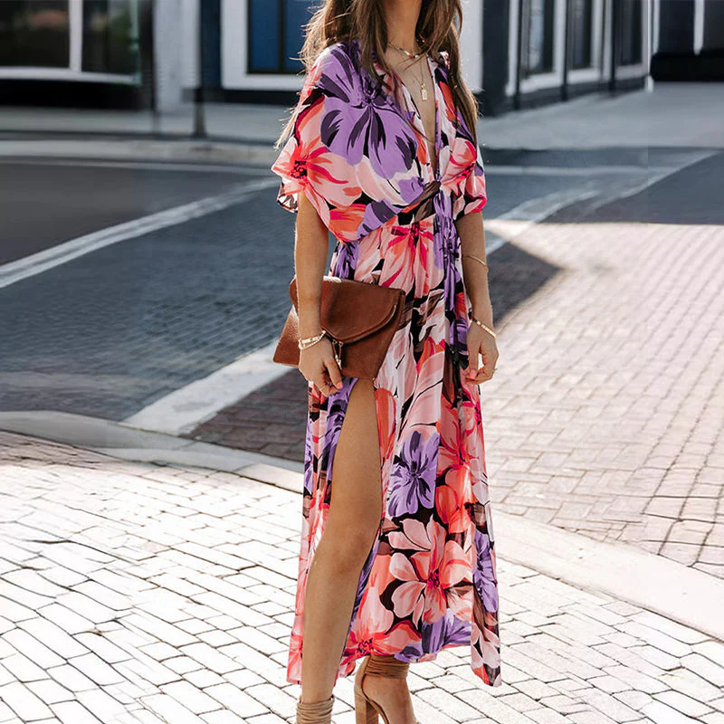 Summer Floral Printed Sexy Deep V-Neck High-Waist Split Dress for Women - Image 8