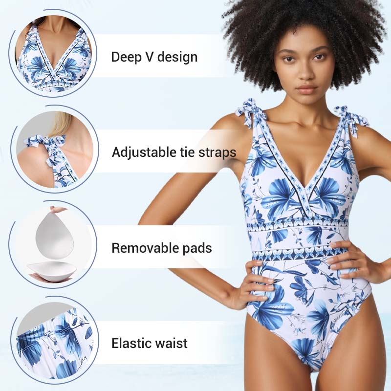 💃Last Day Special Sale 49% OFF🩱 V Neck Lace Up Printed One Piece Swimsuit and Skirt - Image 5