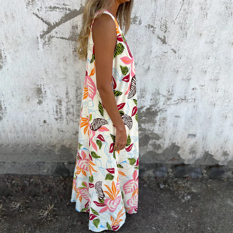 🔥Last Day Promotion-49%OFF🔥Women's Leaves Pattern V-Neck Sleeveless Floor-Length Dress - Image 3