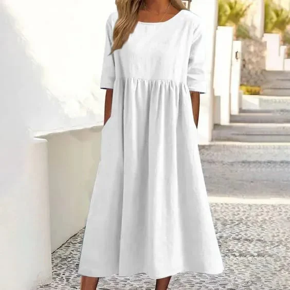 💝2025 NEW SALES - 50% OFF💝Women's Casual Basic Outdoor Crew Neck Pocket Smocked Cotton Dress - Image 2