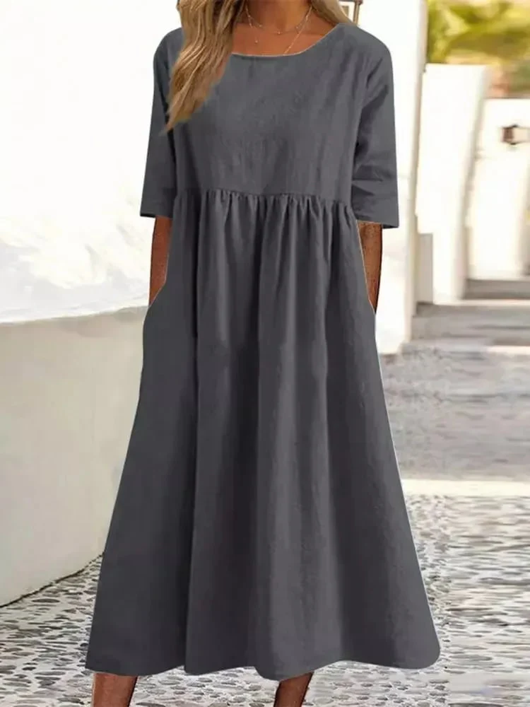 💝2025 NEW SALES - 50% OFF💝Women's Casual Basic Outdoor Crew Neck Pocket Smocked Cotton Dress - Image 3