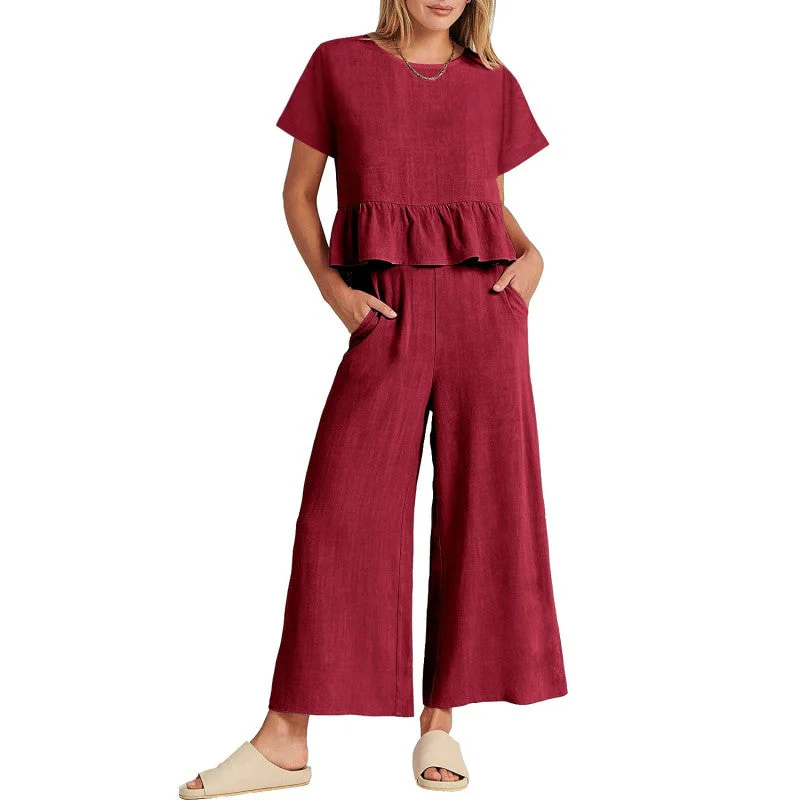 Women’s Casual Short-Sleeves Top & Wide Leg Pants 2-Piece Set - Image 3