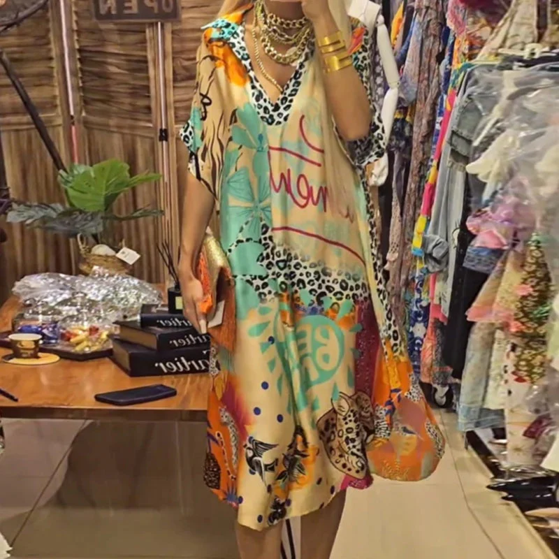 đ„2025 NEW SALES - 50% OFFđ„Womenâs Deep V-Neck Short Sleeve Printed Dress - Image 3