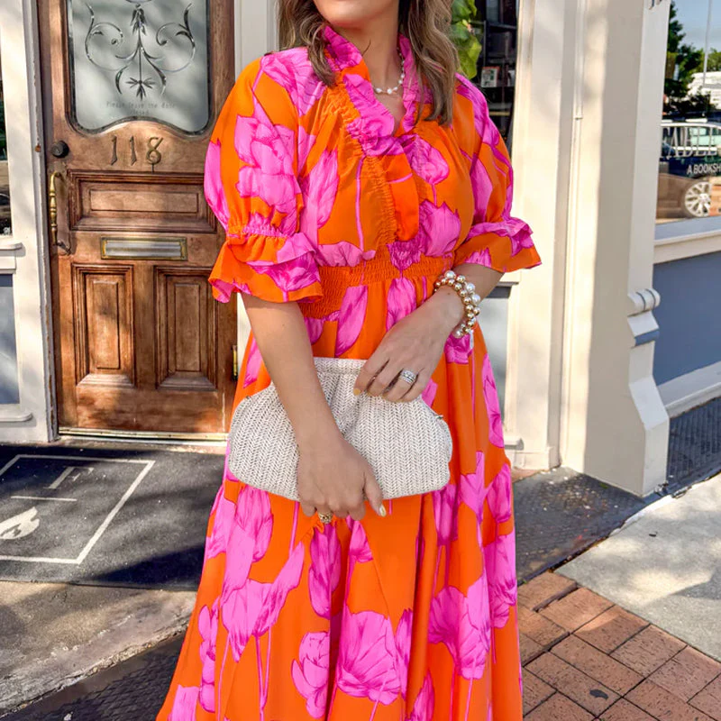 Women's Elegant Ruffled Print Maxi Dress - Image 2