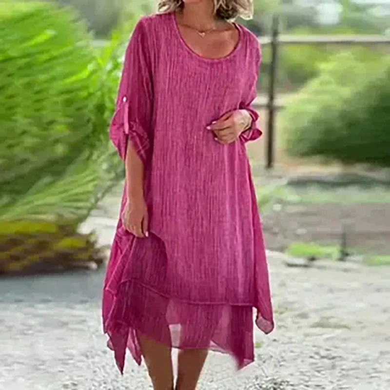 🌼Last Day Sale 49% OFF🌼Women's Elegant Solid Color Round Neck Loose Fit Dress - Image 2
