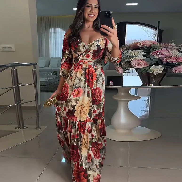🌹HOT SALE 49% OFF🌹Women's V-Neck Floral Printed Pleated Dress - Image 4