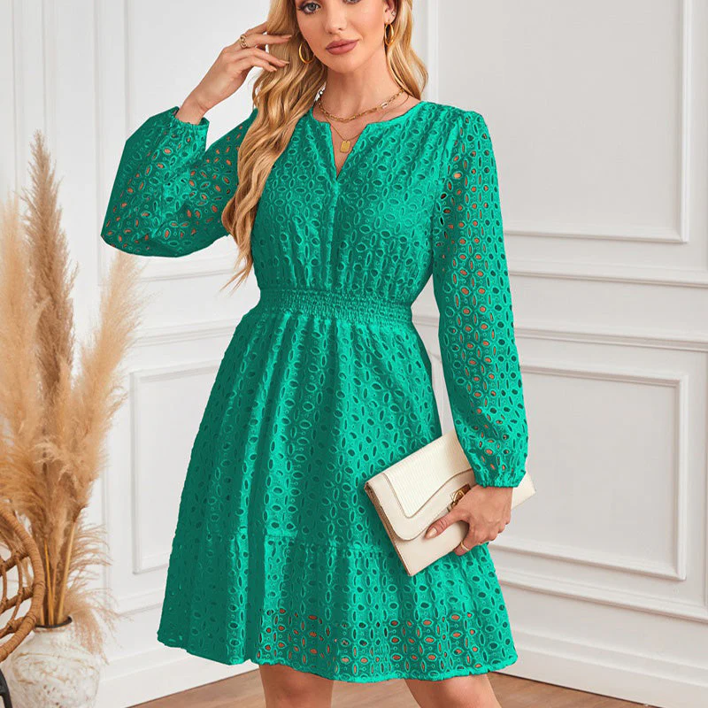 💕Spring New Arrival💕Women's V-Neck Long Sleeve Hollow Out Dress - Image 6