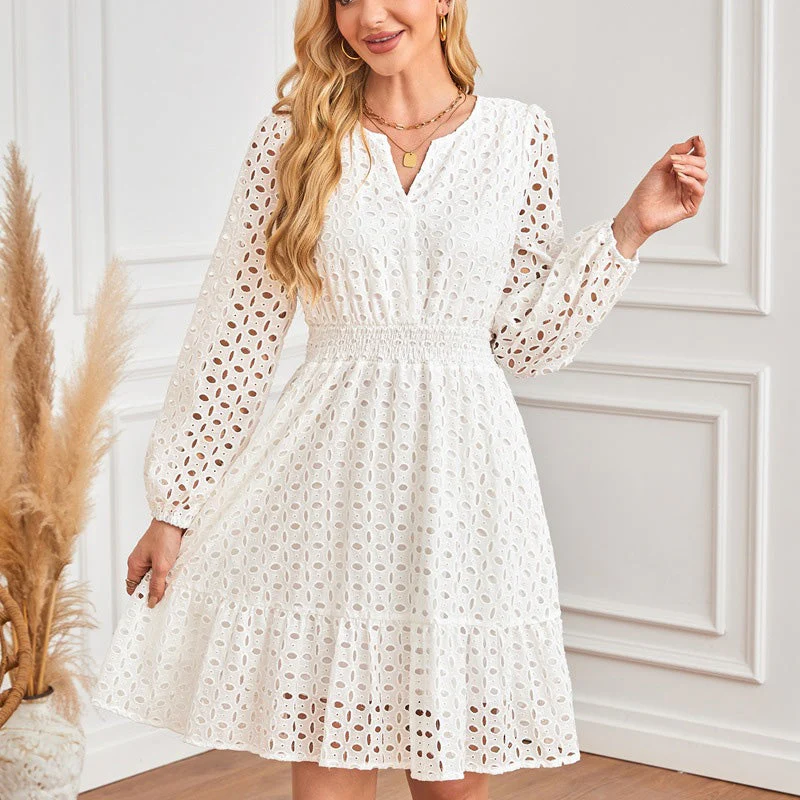 💕Spring New Arrival💕Women's V-Neck Long Sleeve Hollow Out Dress - Image 9