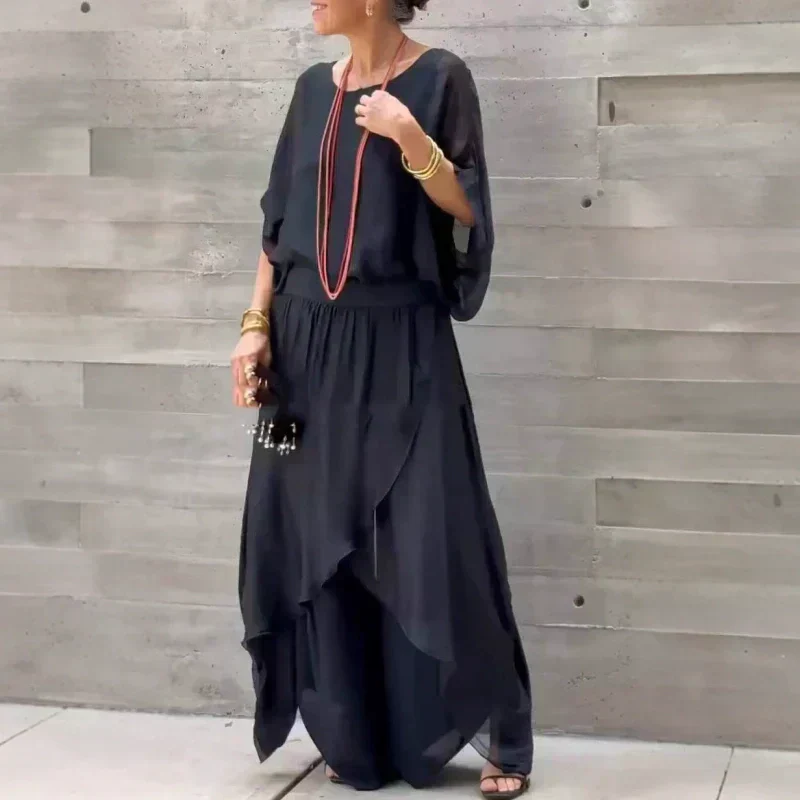 🌹Spring Promotion🌹Loose Top & Slit Wide-Leg Pants Chiffon 2-Piece Set
