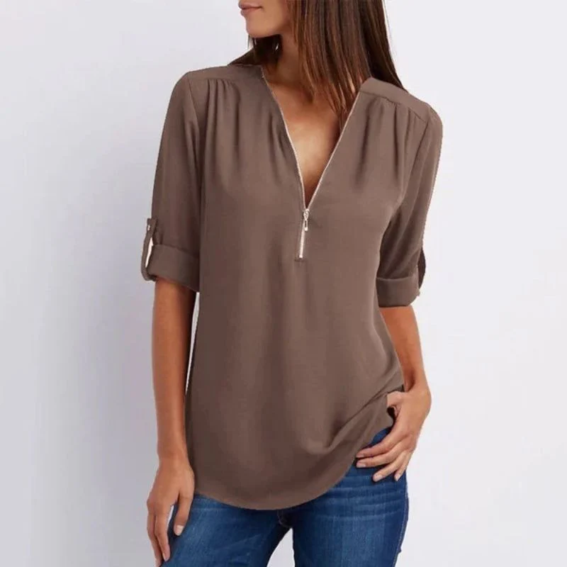 🔥Women's V-Neck Zip Large Size Adjustable Cuff Chiffon Shirt - Image 16