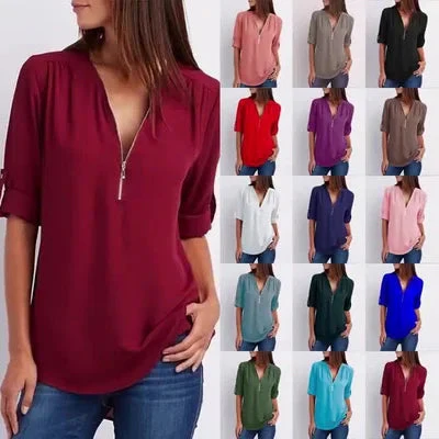 🔥Women's V-Neck Zip Large Size Adjustable Cuff Chiffon Shirt - Image 2