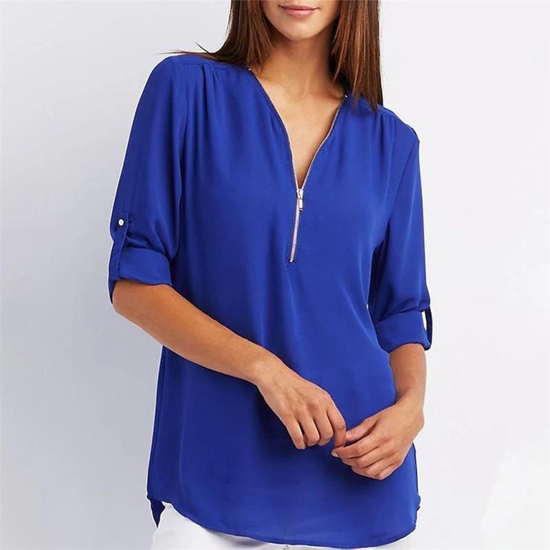 🔥Women's V-Neck Zip Large Size Adjustable Cuff Chiffon Shirt - Image 3