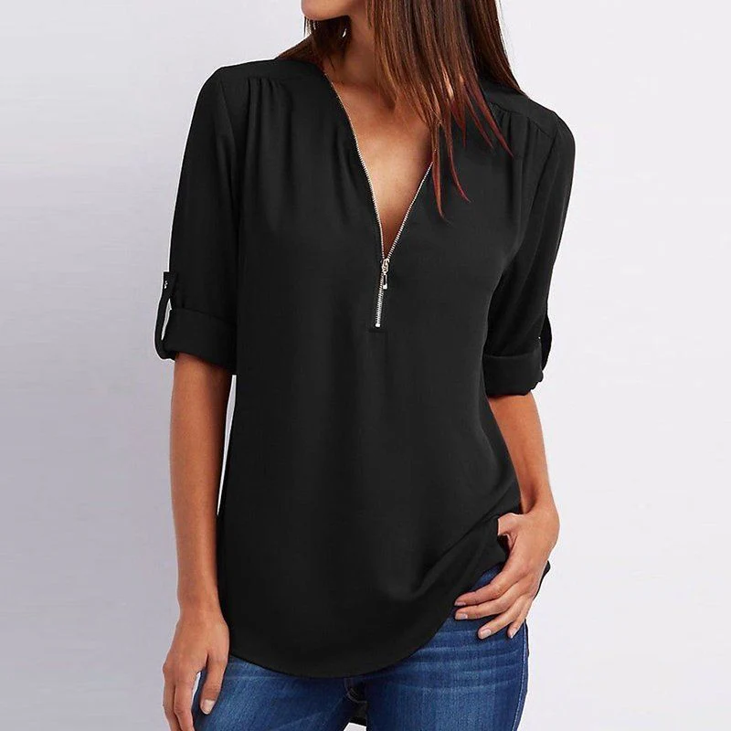 🔥Women's V-Neck Zip Large Size Adjustable Cuff Chiffon Shirt - Image 7